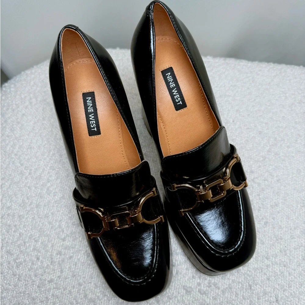 Nine West Black Patent Platform Block Heel Loafers with Gold Buckle